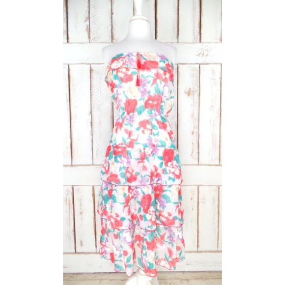 70s vintage red and ivory tropical floral gauzy sheer strapless ruffle dress - Picture 5 of 5